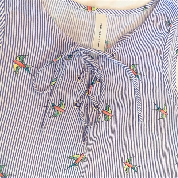 TOGETHER CLOTHING - SPARROWS & STRIPES LACE UP SLEEVELESS BLOUSE - Picture 2 of 7